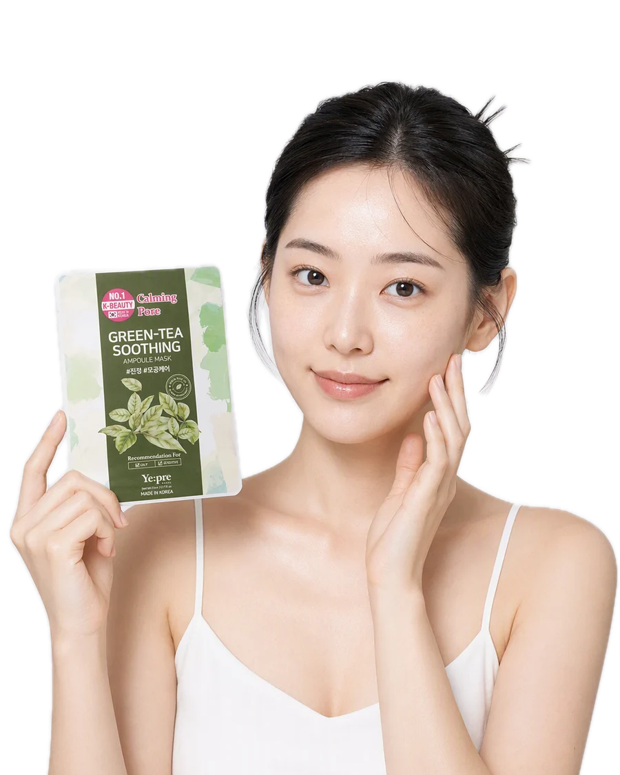 Green Tea Soothing Ampoule Mask Yeşil Çay Özlü Sebum Dengeleyici Nemlendirici Yüz Maskesi Kore 23ml kullanan model