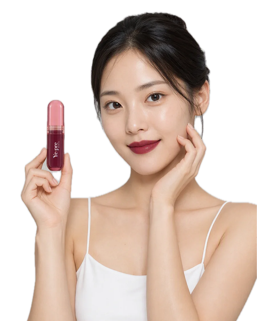 Uzun Süre Kalıcı, Kadife Dokulu, Mat, Kore Lip Tint – Pretty Water Velvet Tint 2.6g - 09 Fuchsia Red kullanan model