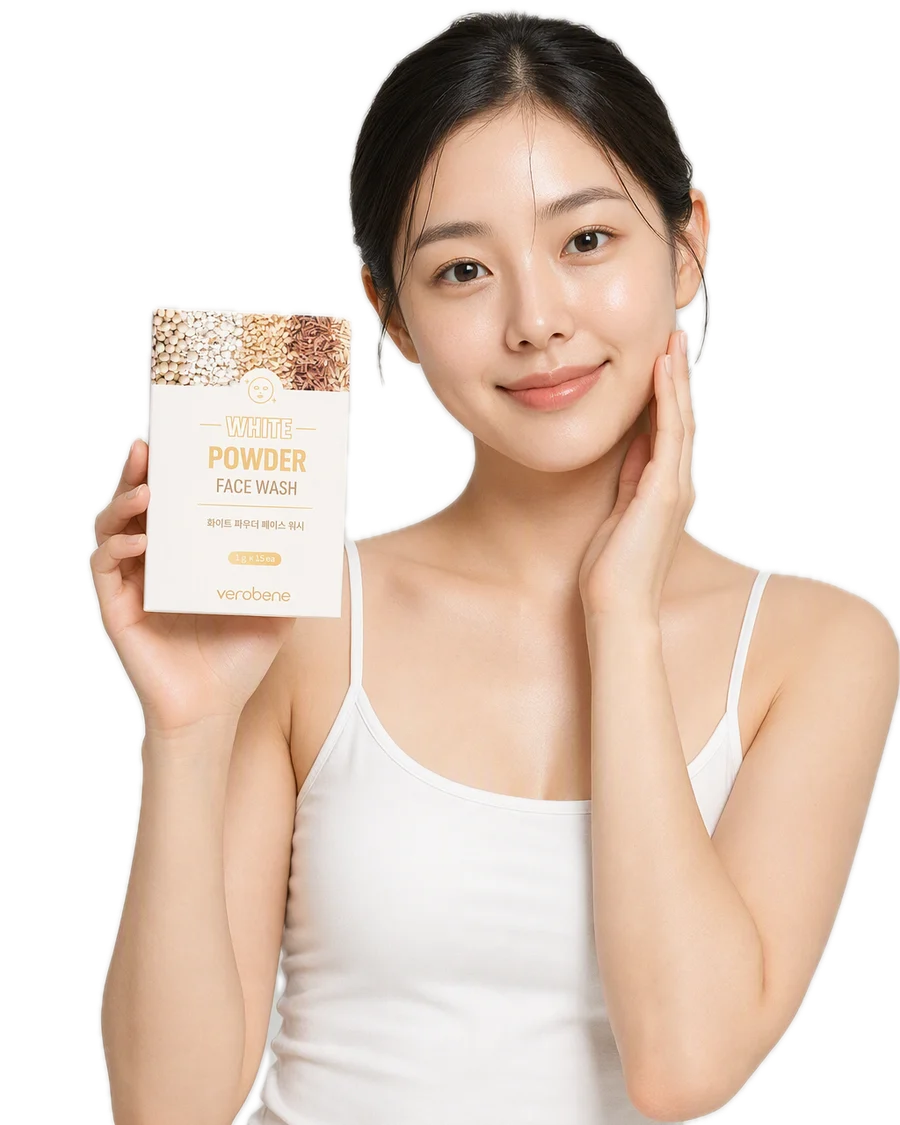 White Powder Face Wash Peeling Etkili Temizleyici Pirinç Özlü Enzim Toz Peeling 1g x 15pcs kullanan model