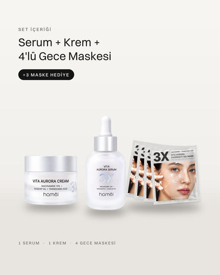 3X Vita Aurora Üçlü Bakım Seti – set içeriği: serum, krem ve 4'lü gece maskesi