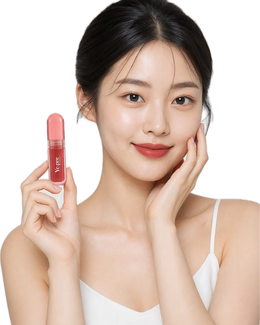 Uzun Süre Kalıcı, Kadife Dokulu, Mat, Kore Lip Tint – Pretty Water Velvet Tint 2.6g - 07 Neutral Orange kullanan model