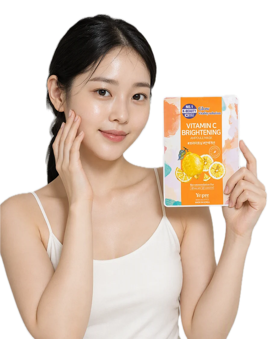 Vitamin C Brightening Ampoule Mask C Vitamini ve Glikolik Asit Canlandırıcı Yüz Maskesi Kore 23ml kullanan model