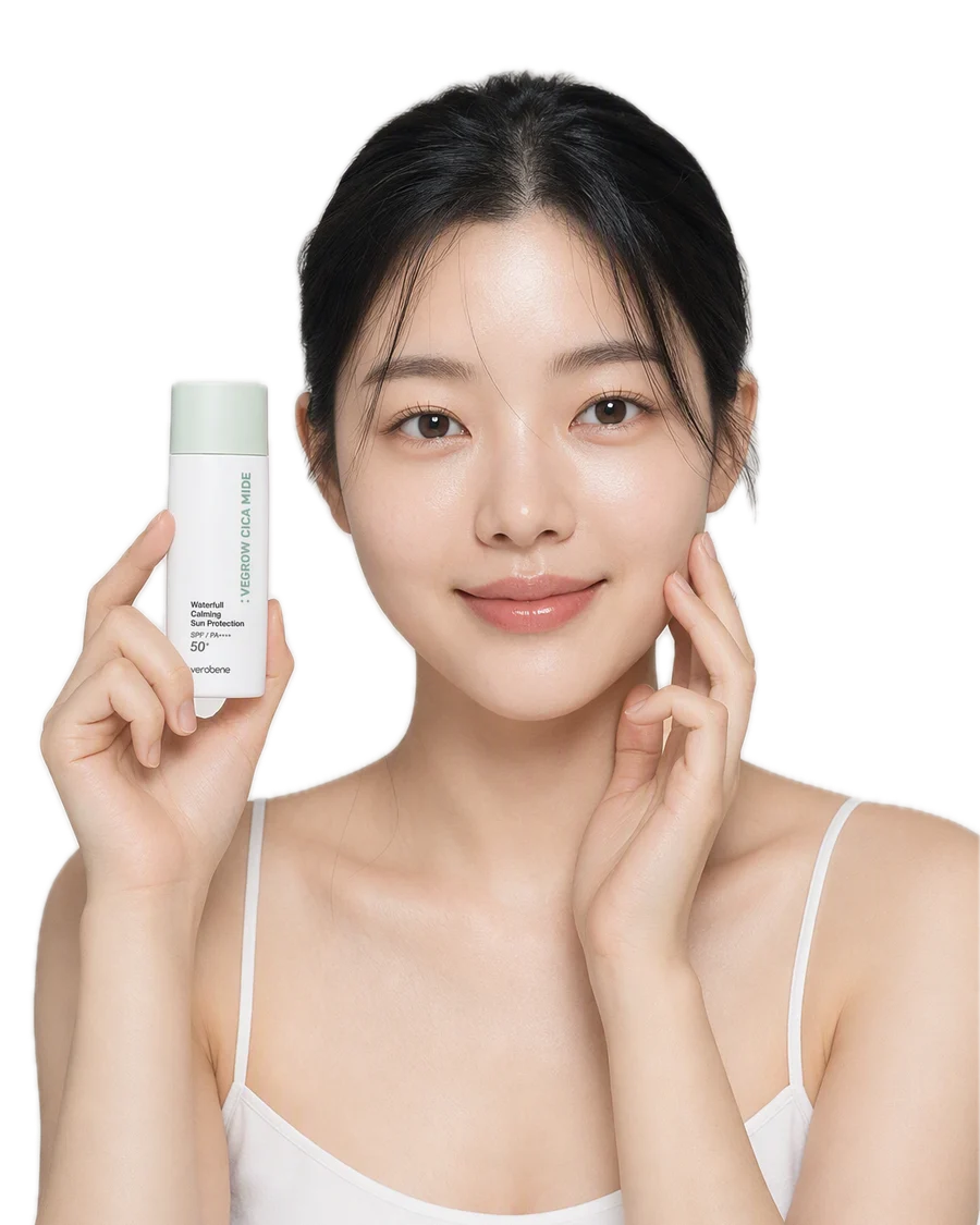 Vegrow Cica Mide Waterfull Sun Protection Vegan Yatıştırıcı Güneş Kremi SPF50+ PA++++ Yüksek Koruma Kore 50g kullanan model